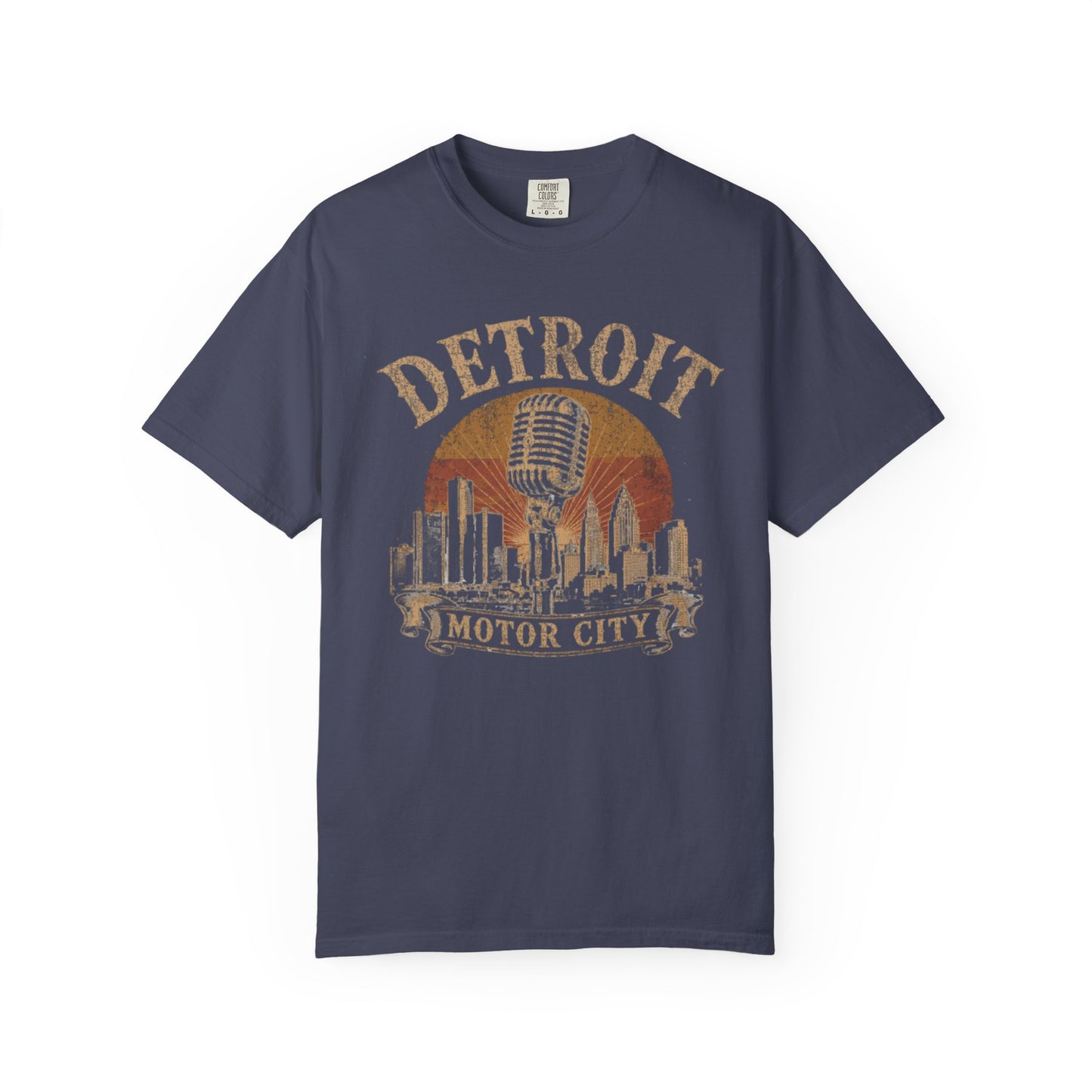 Detroit Motor City Vintage T-Shirt — Retro Skyline & Microphone Graphic