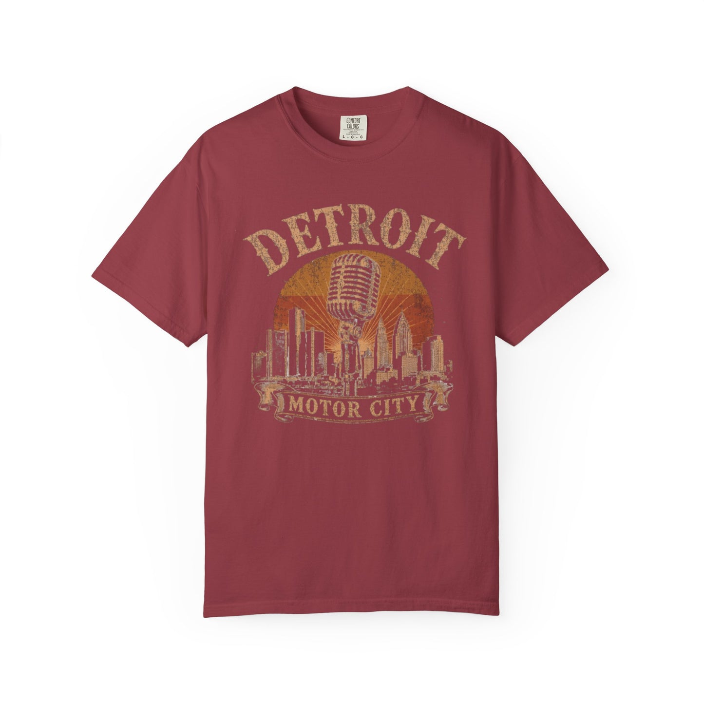 Detroit Motor City Vintage T-Shirt — Retro Skyline & Microphone Graphic