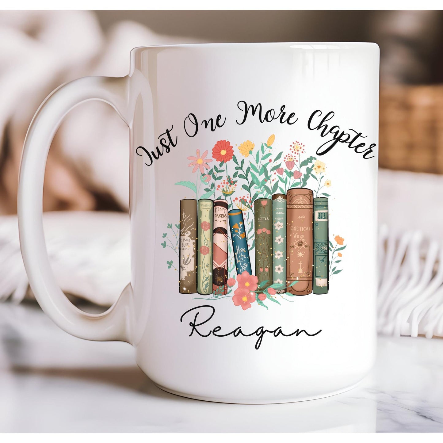 Personalized Coffee Mug for Women: Custom Name, Floral Books