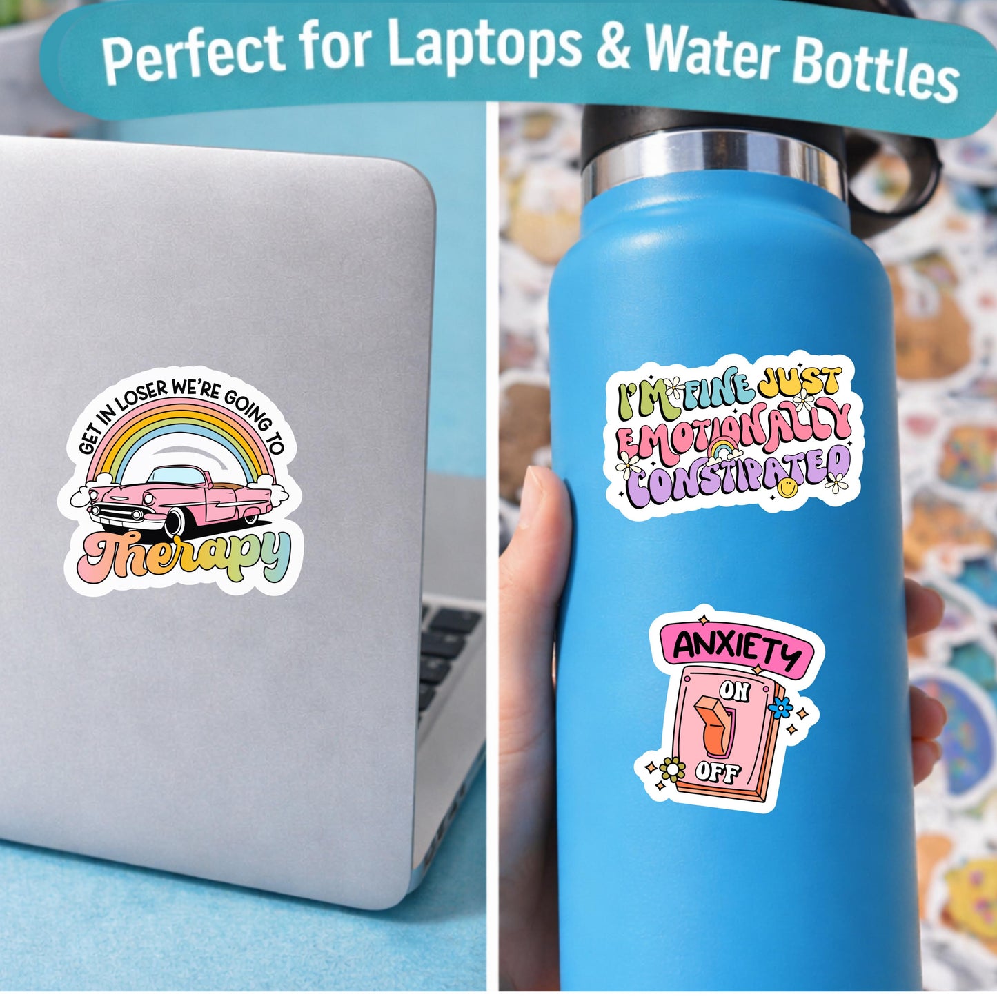 Applied shot: Waterproof ADHD stickers on a laptop and water bottle