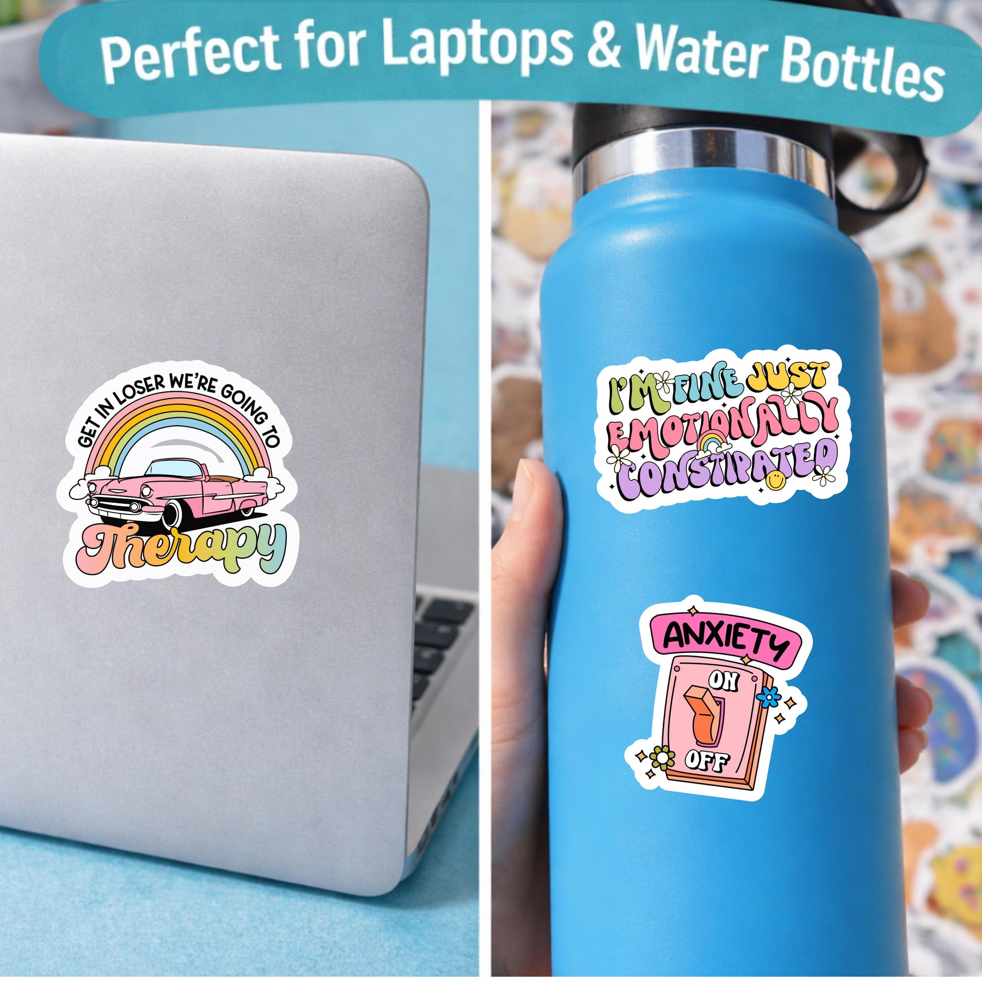 Applied shot: Waterproof ADHD stickers on a laptop and water bottle