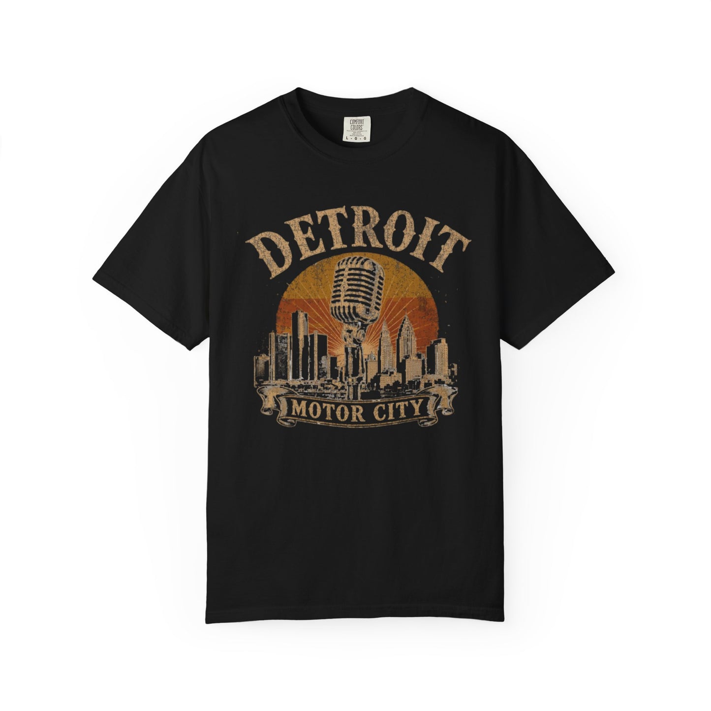Detroit Motor City Vintage T-Shirt — Retro Skyline & Microphone Graphic