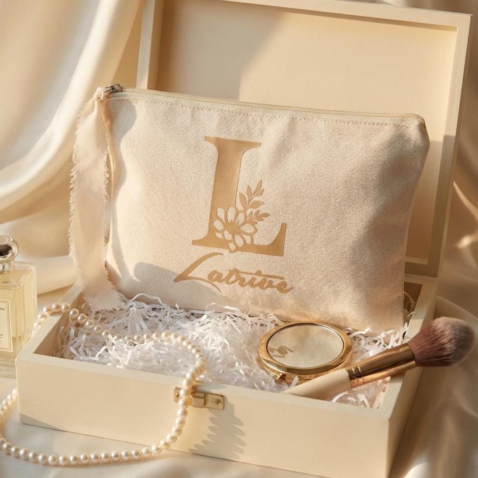 Personalized Makeup Bag with Name Floral Monogram Canvas Pouch Bridesmaid Gift Custom Cosmetic Bag Bachelorette Party Favor