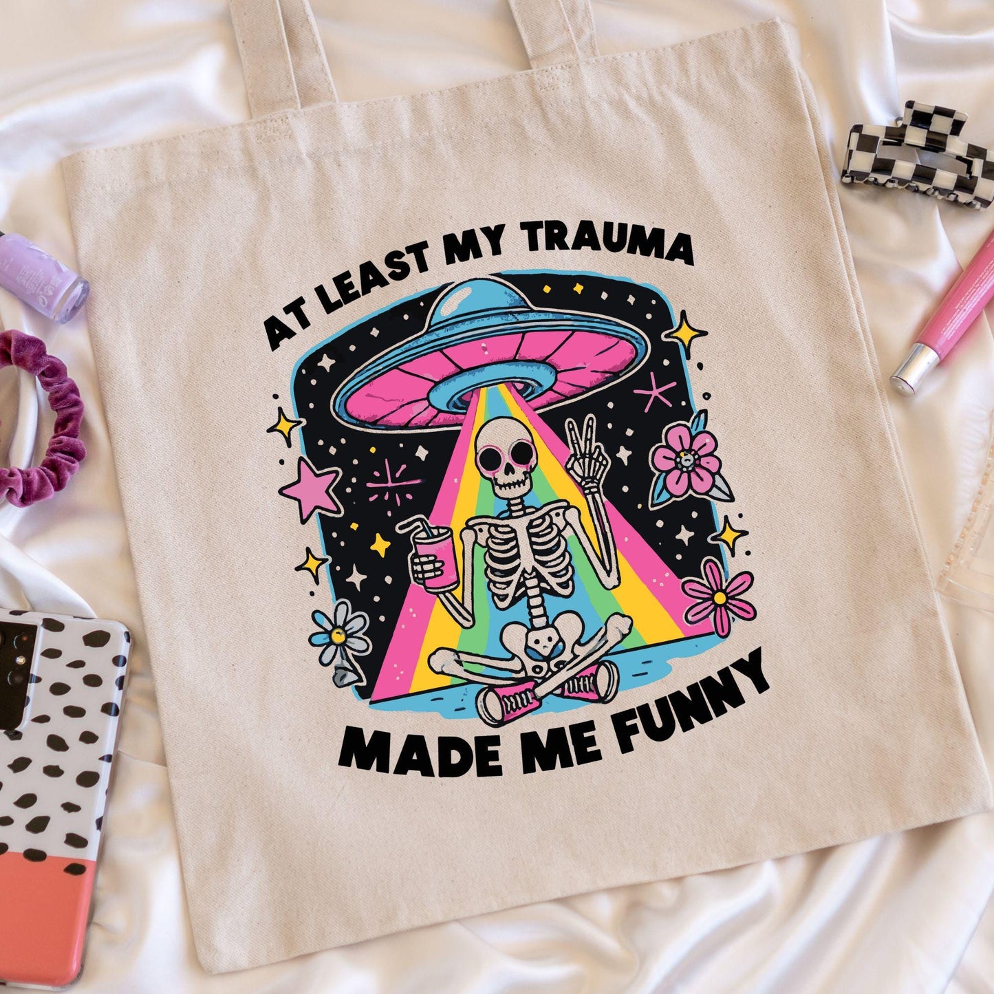 At Least My Trauma Made Me Funny Tote Bag Therapy Joke Canvas Bag Skeleton UFO Rainbow Design Mental Health Humor