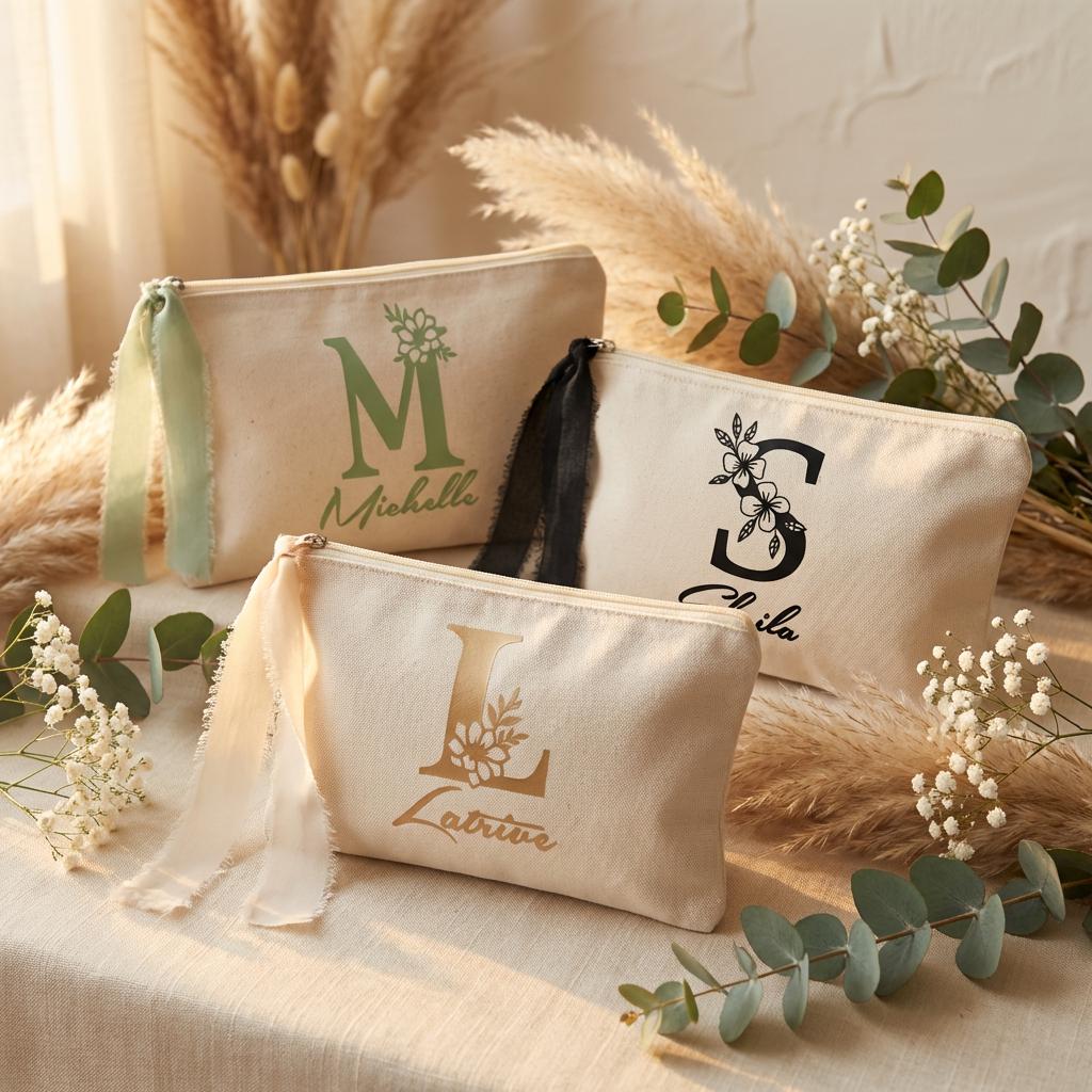 Personalized Makeup Bag with Name Floral Monogram Canvas Pouch Bridesmaid Gift Custom Cosmetic Bag Bachelorette Party Favor