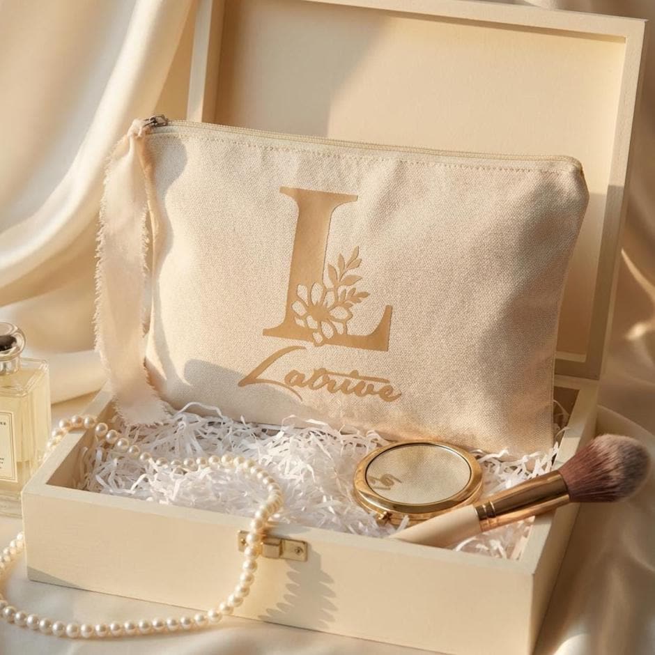 Personalized Canvas Makeup Bag with Name Floral Monogram Zipper Pouch Bridesmaid Gift Bachelorette Party Bag Custom Cosmetic Bag Wristlet