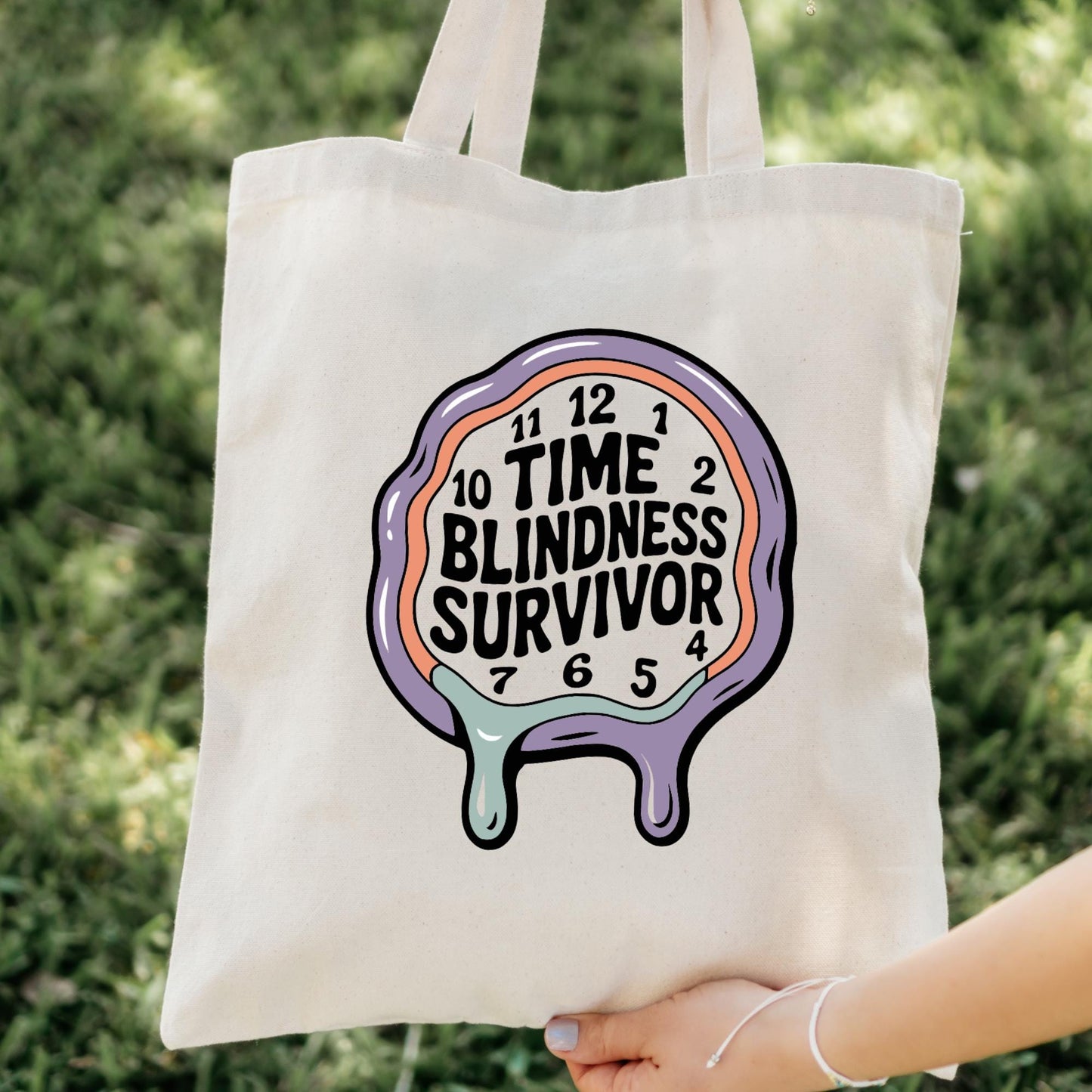 Time Blindness Survivor Tote Bag: ADHD Neurodivergent Humor, Melting Clock Design
