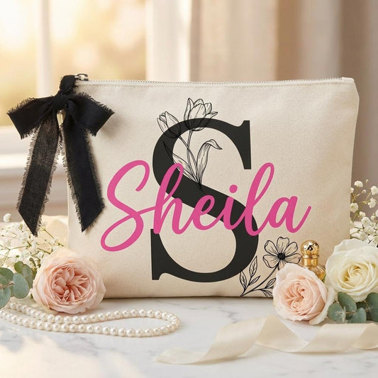 Personalized Makeup Bag with Name Floral Monogram Canvas Pouch Bridesmaid Gift Custom Cosmetic Bag Bachelorette Party Favor
