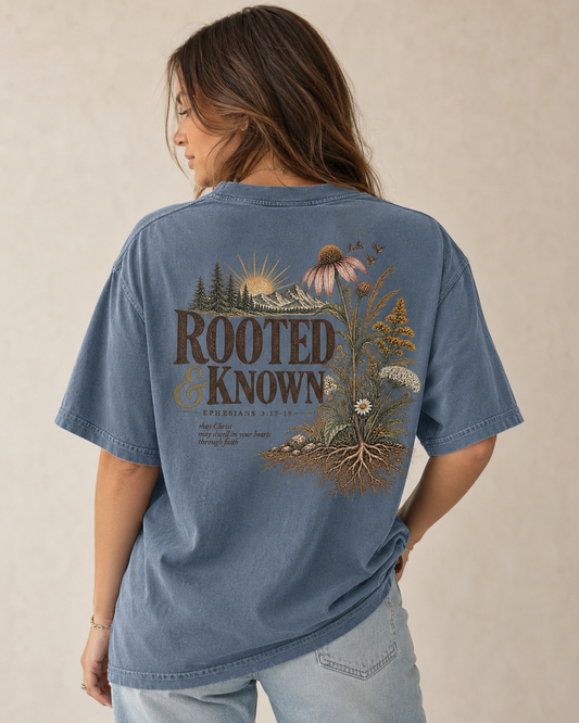 Rooted & Known Comfort Colors Shirt – Ephesians 3:17-19 Wildflower Tee