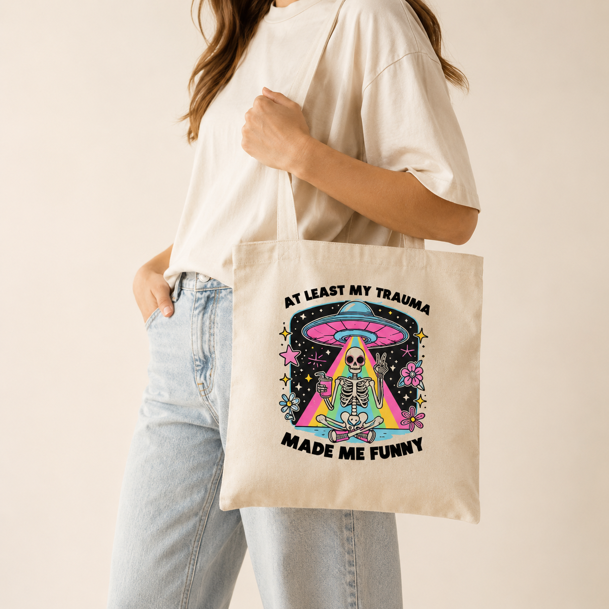 At Least My Trauma Made Me Funny Tote Bag Therapy Joke Canvas Bag Skeleton UFO Rainbow Design Mental Health Humor