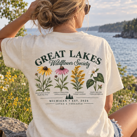 Great Lakes wildflower shirt with vintage Michigan botanical back graphic