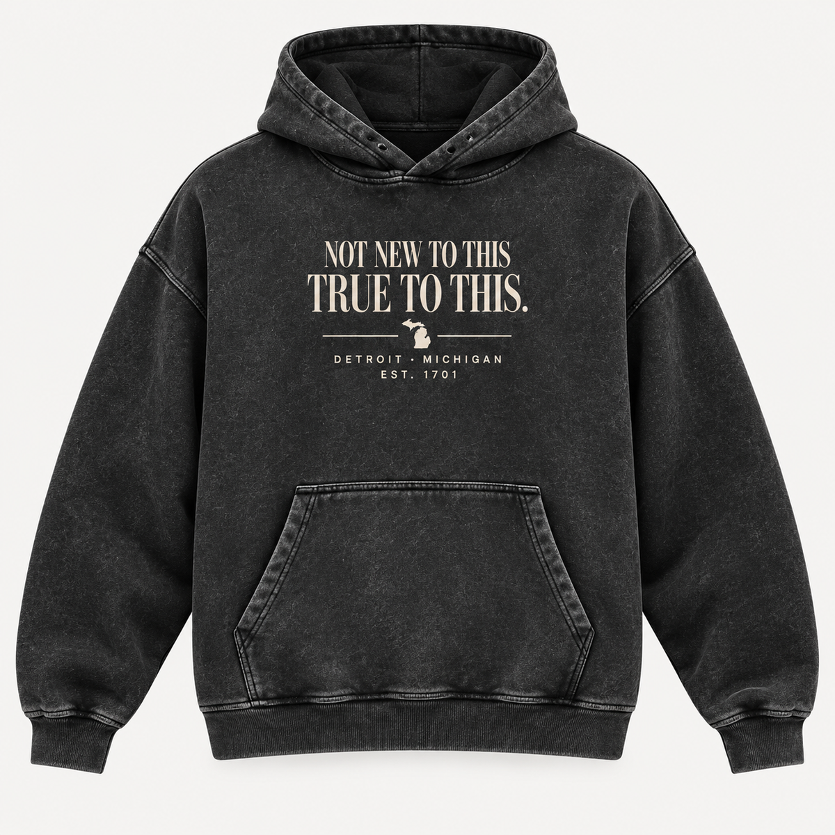 A washed black pullover hoodie with a front kangaroo pocket and a distressed graphic print on the chest that reads 'NOT NEW TO THIS TRUE TO THIS. DETROIT - MICHIGAN EST.