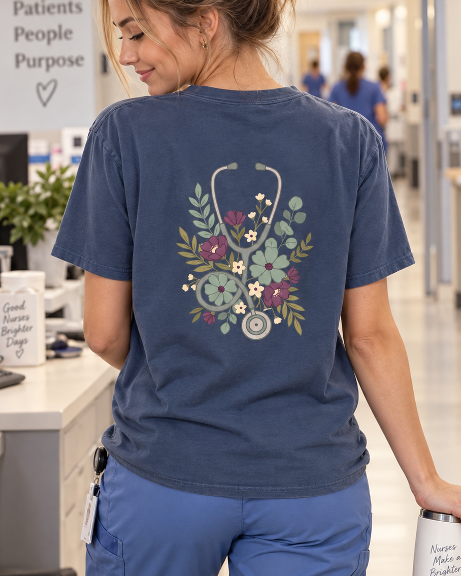 Personalized nurse T-shirt with large floral stethoscope back graphic on a navy Comfort Colors tee 