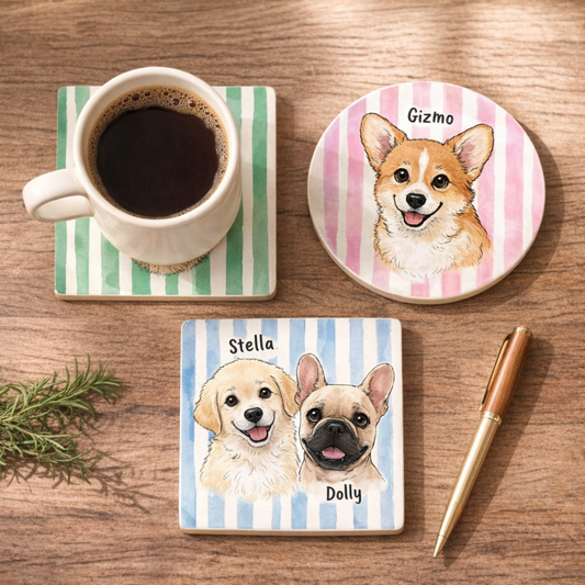 Custom Pet Portrait Coasters – Set of 4, Personalized Resin Drink Coasters