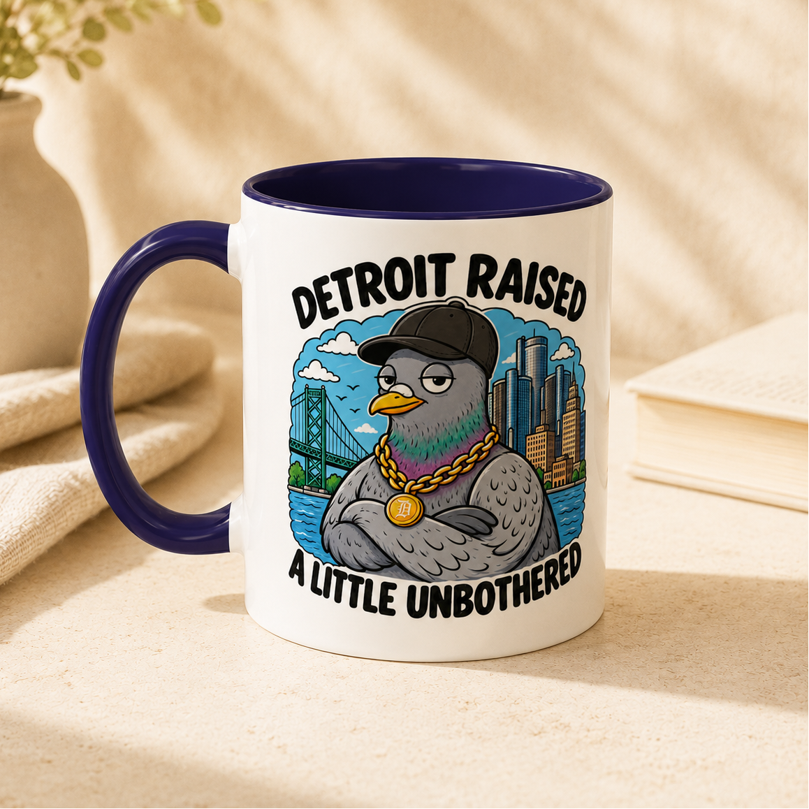 Detroit mug with blue handle featuring Detroit Raised A Little Unbothered illustrated pigeon and city skyline