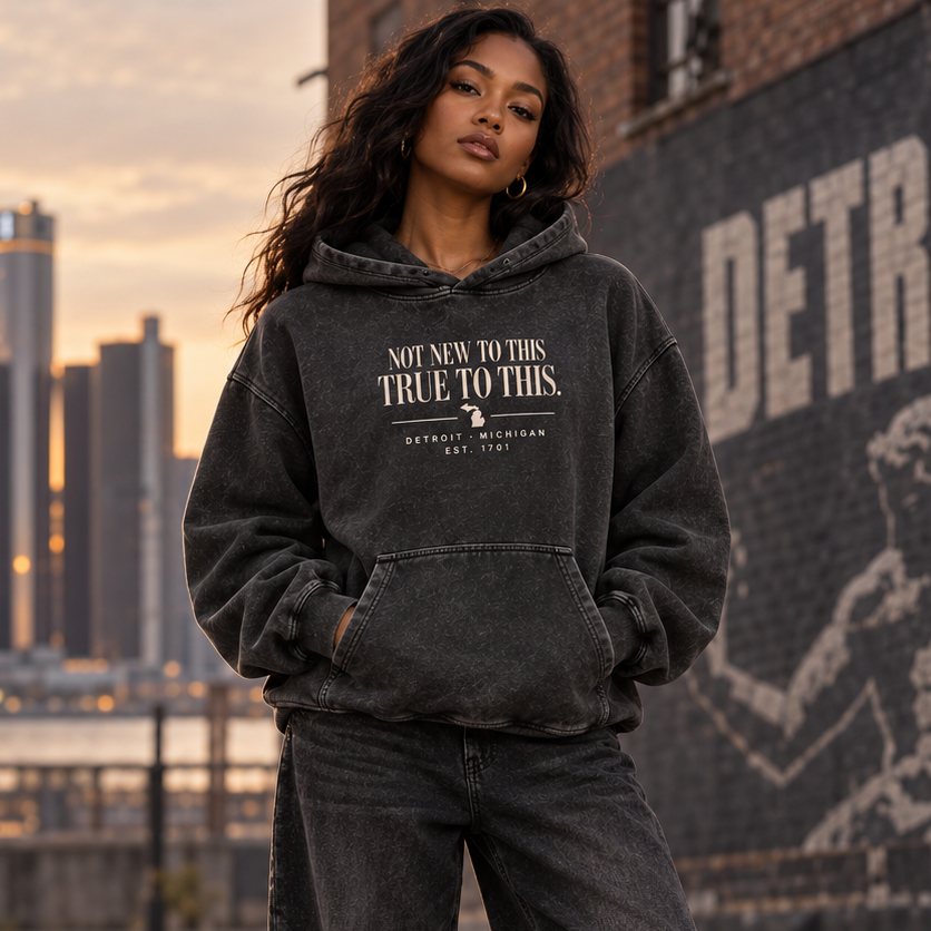 Detroit heavyweight hoodie with Not New To This True To This graphic