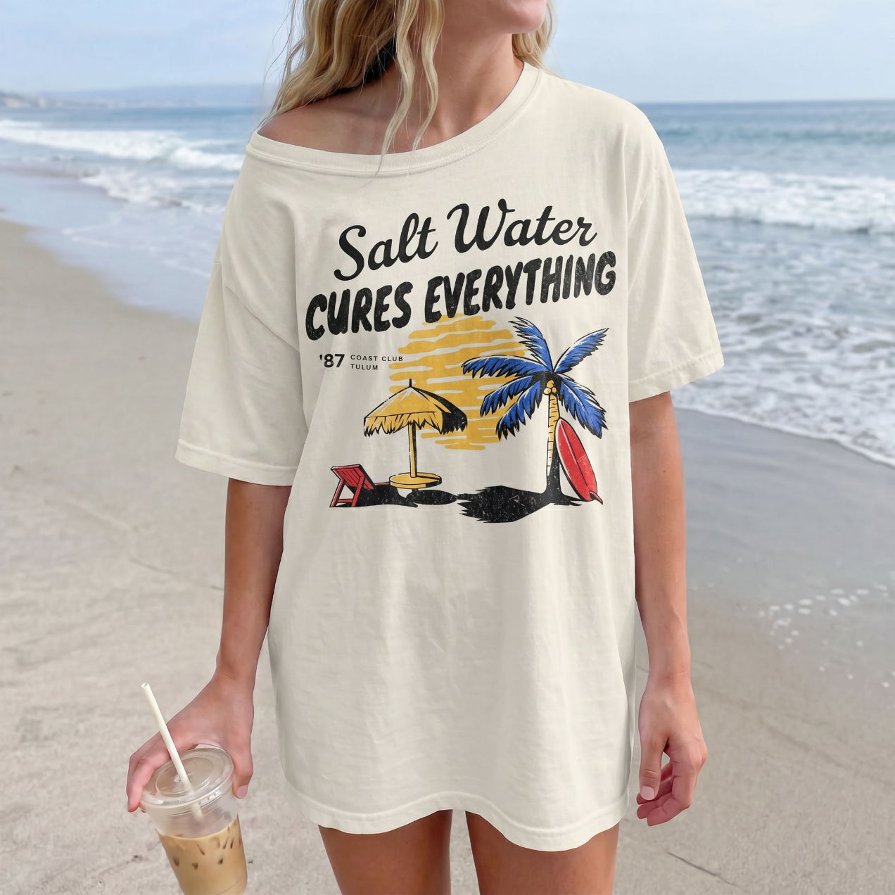Salt Water Cures Everything Beach T-Shirt — Surf Palm Tree Graphic Tee