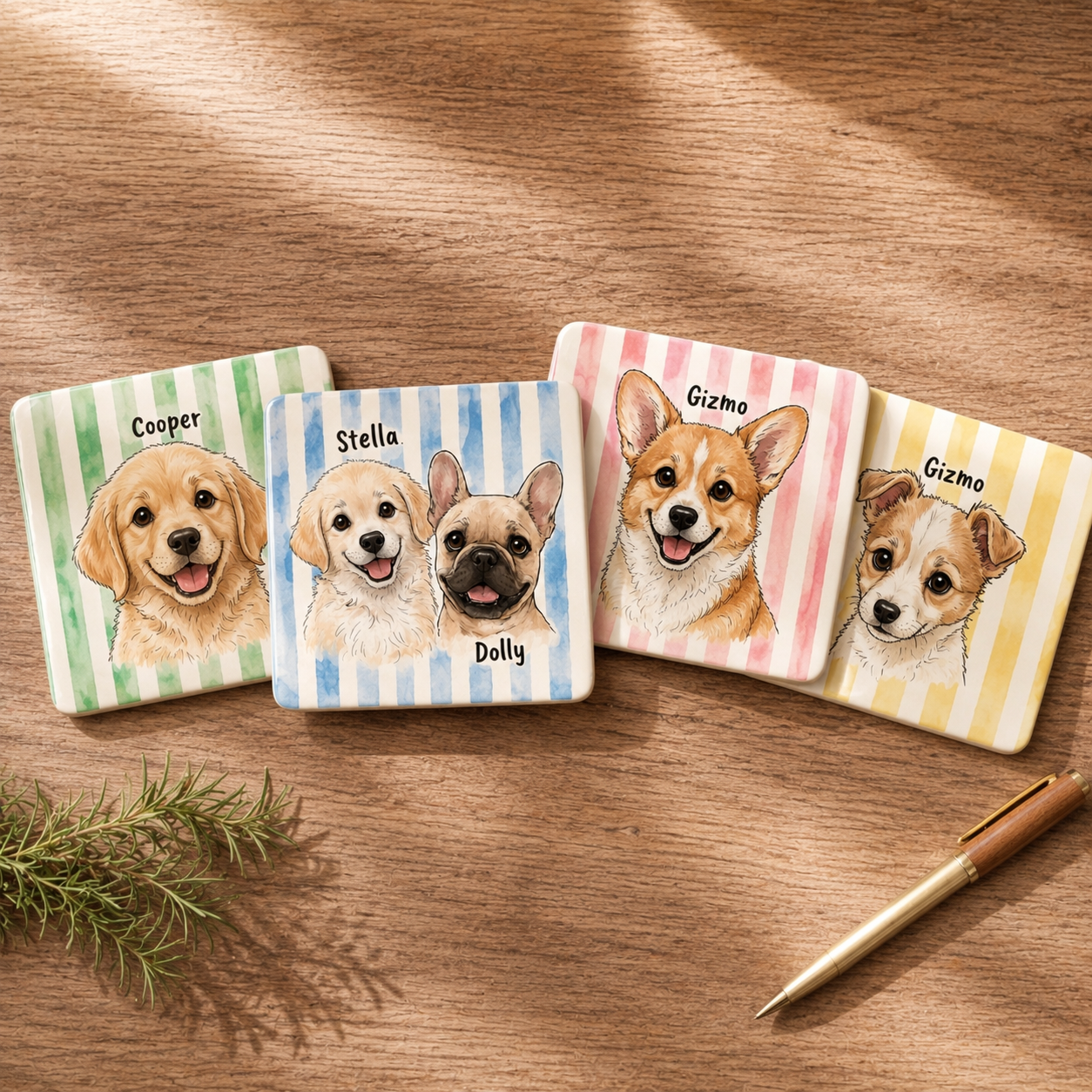 Custom Pet Portrait Coasters – Set of 4, Personalized Resin Drink Coasters