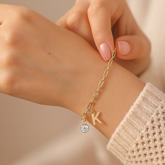 Dainty Gold Birthstone Bracelet Personalized Initial Gift for Her Minimalist Custom Jewelry