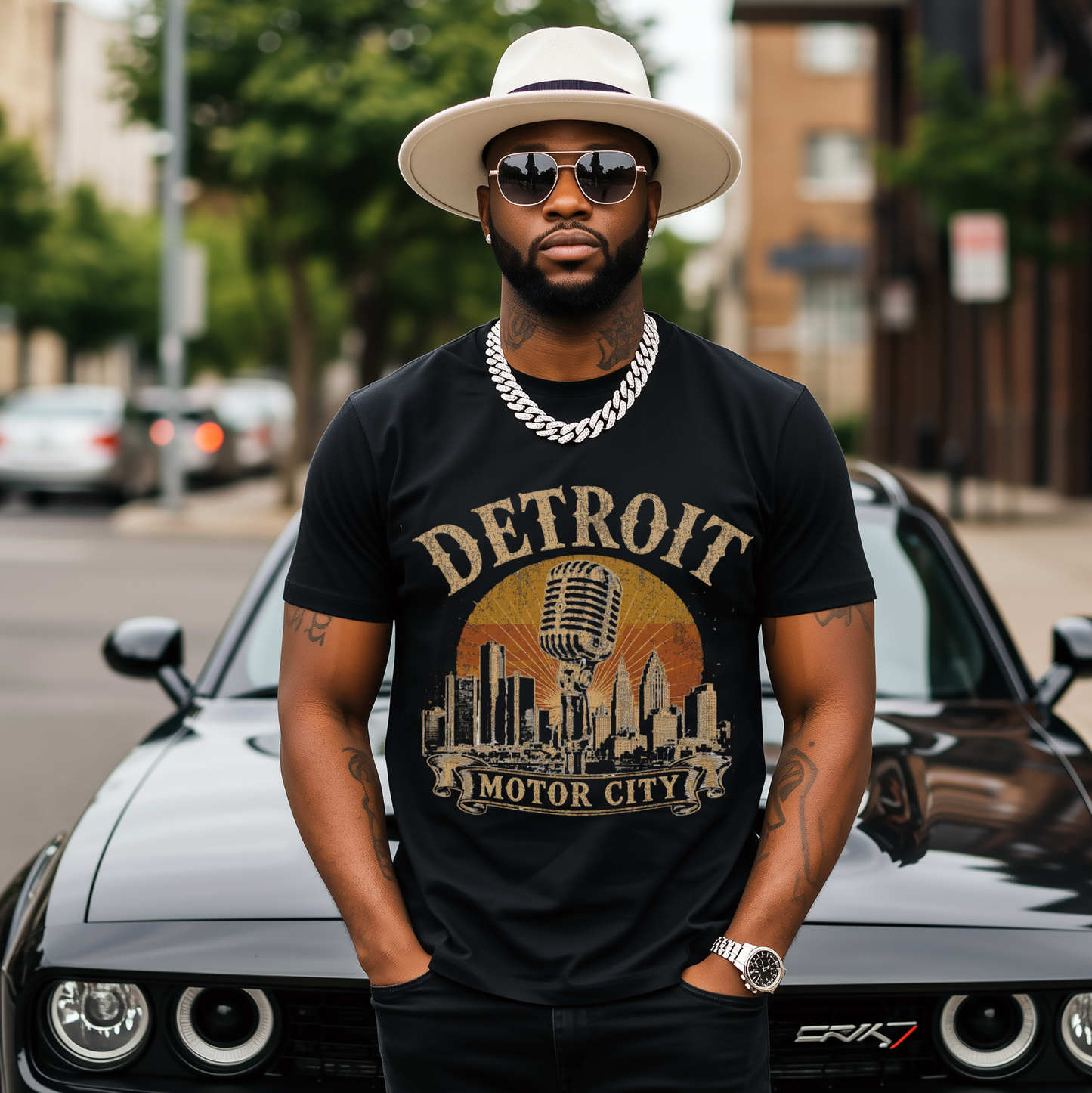 Detroit Motor City Vintage T-Shirt — Retro Skyline & Microphone Graphic