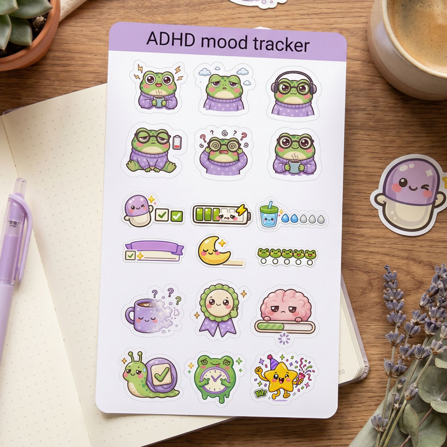 ADHD Mood Tracker Sticker Sheet | Neurodivergent Planner Stickers | Cute Frog Daily Journal Kit | ADHD Meds Energy Mood Tracker