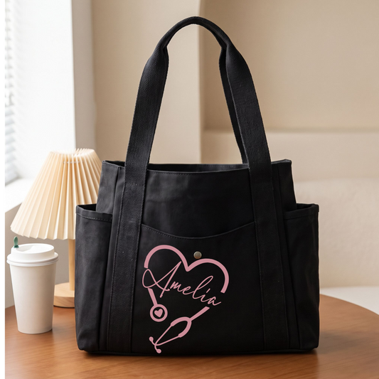 Personalized Nurse Tote Bag | Custom Name & Credential Canvas Work Tote with Zipper & Snap Pocket | RN LPN CNA Gift