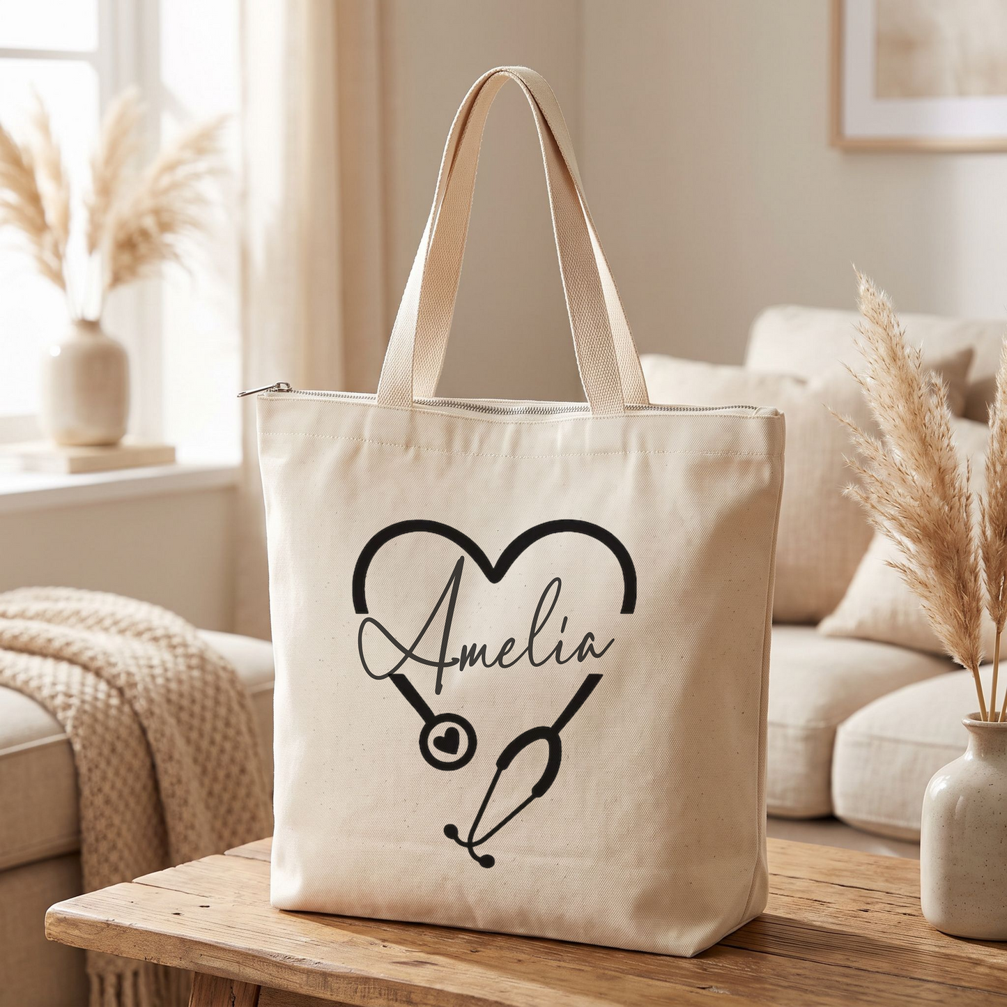 Personalized Nurse Canvas Tote Bag with Zipper Pocket | Custom RN, LPN & CNA Gift