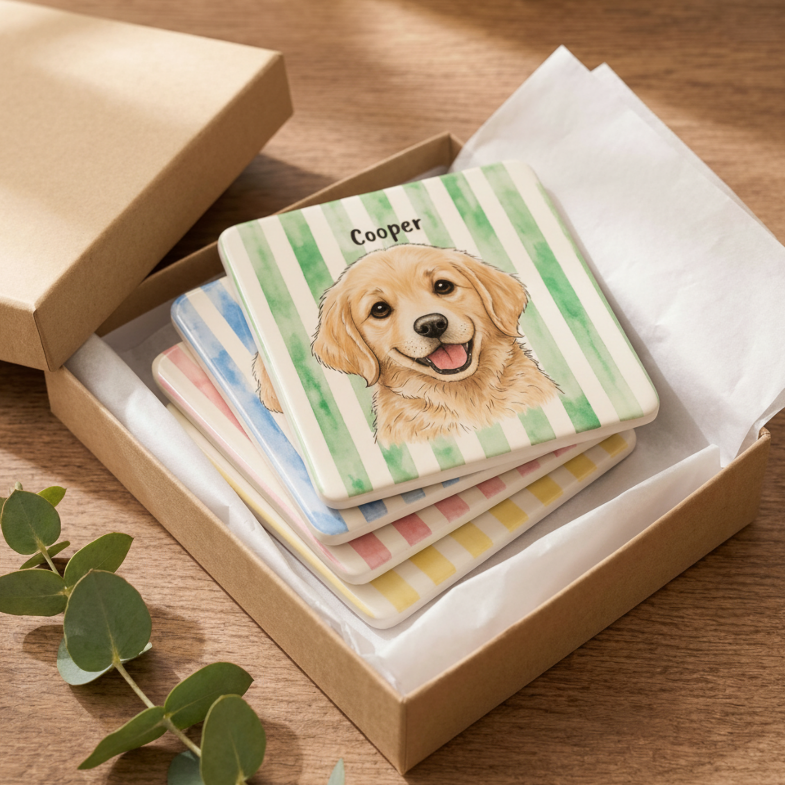 Custom Pet Portrait Coasters – Set of 4, Personalized Resin Drink Coasters