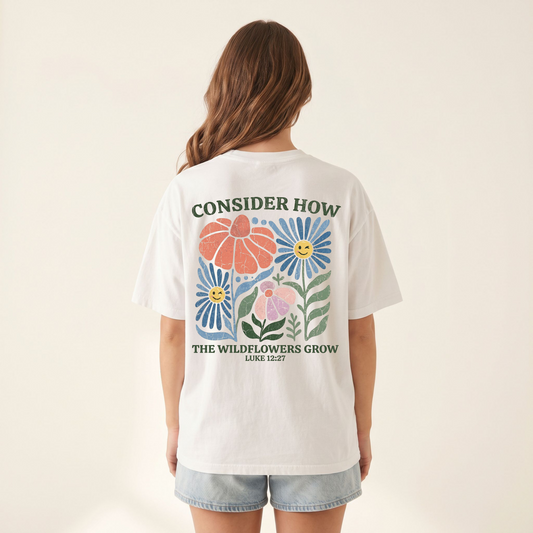Consider How the Wildflowers Grow Shirt Luke 12:27 Christian Tee Boho Floral Faith Gift for Her
