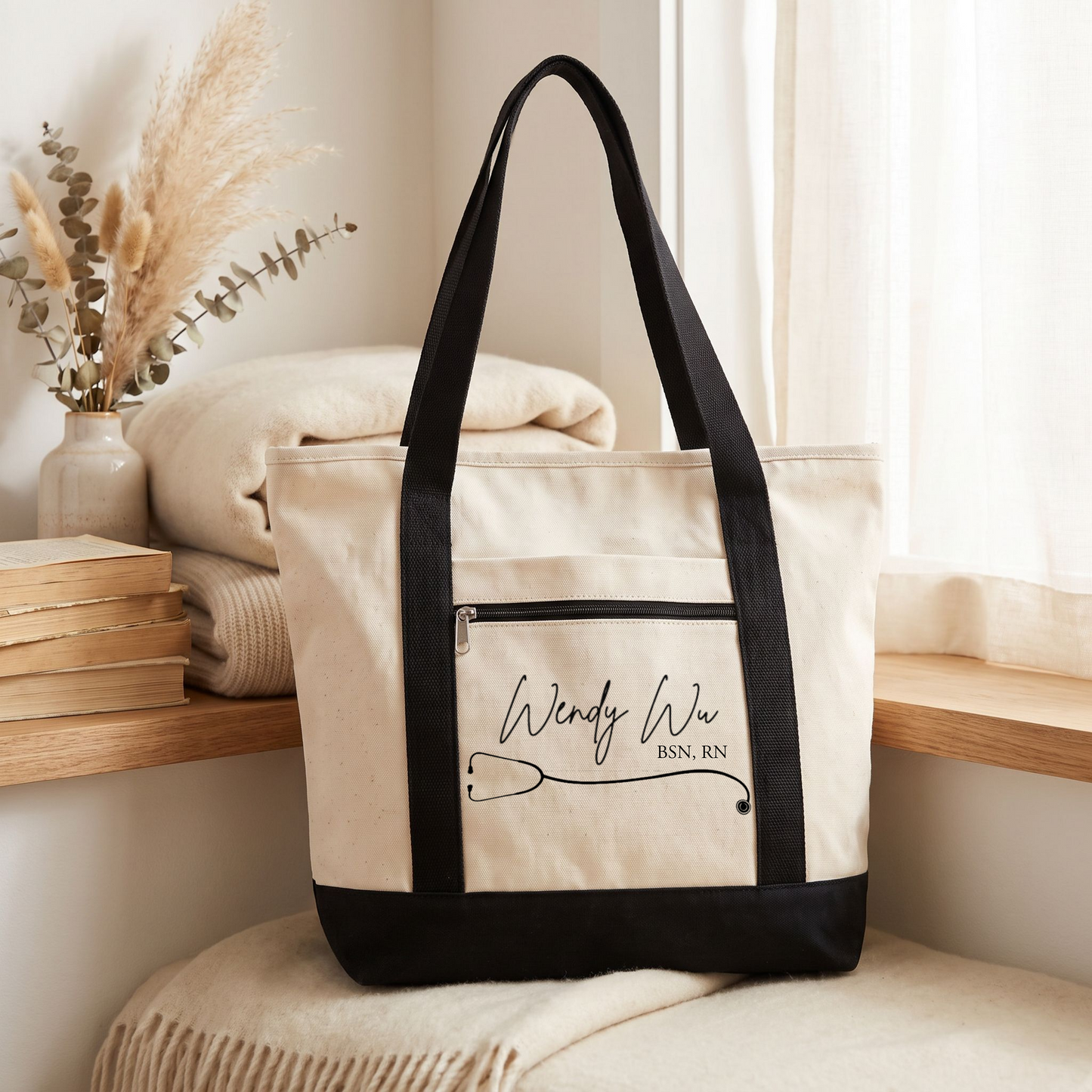 Personalized Nurse Tote Bag Custom Name & Credential (RN, LPN, BSN)  Stethoscope Heart Canvas Tote Nursing School Graduation Gift