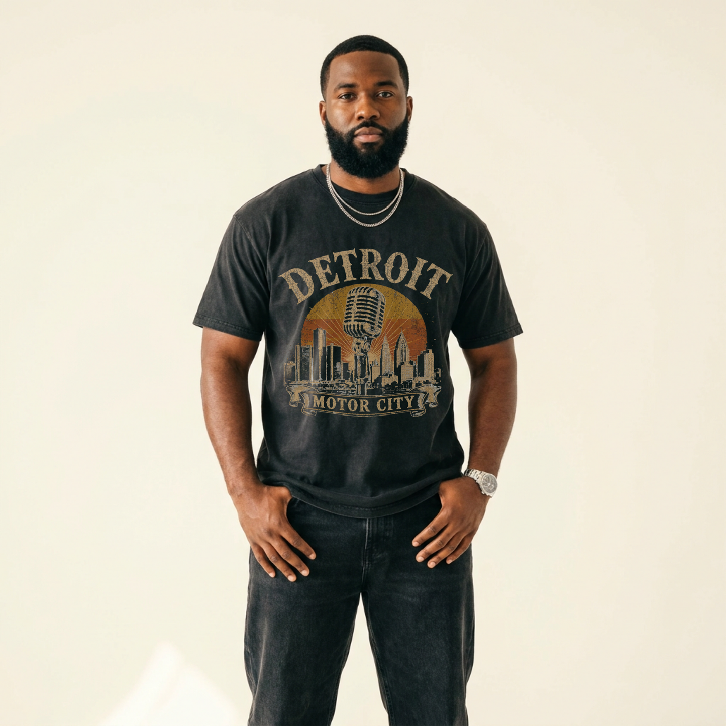 Detroit Motor City Vintage T-Shirt — Retro Skyline & Microphone Graphic