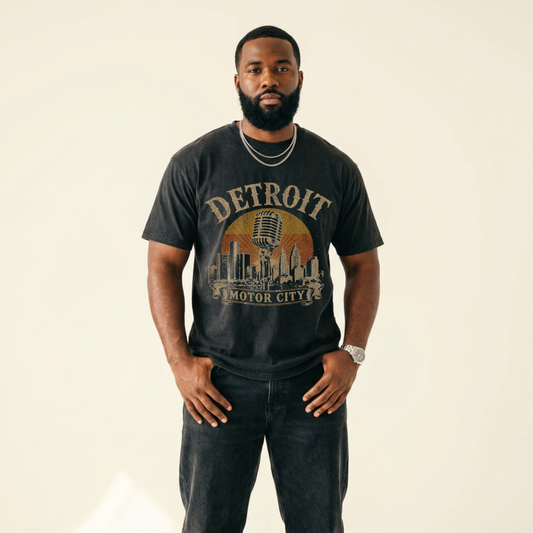 Detroit Motor City Vintage T-Shirt — Retro Skyline & Microphone Graphic