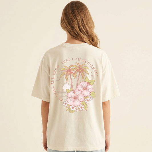 Bible Scripture Tshirt— 'Be Still and Know' Floral Tropical Graphic Tee