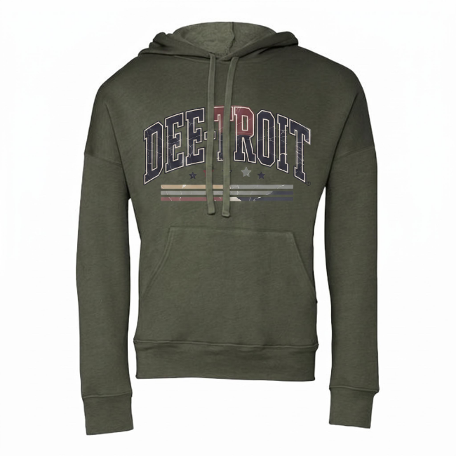 An olive green pullover hoodie with a distressed 'DE-DETROIT' graphic across the chest in navy, red, and white, set against a plain white background.