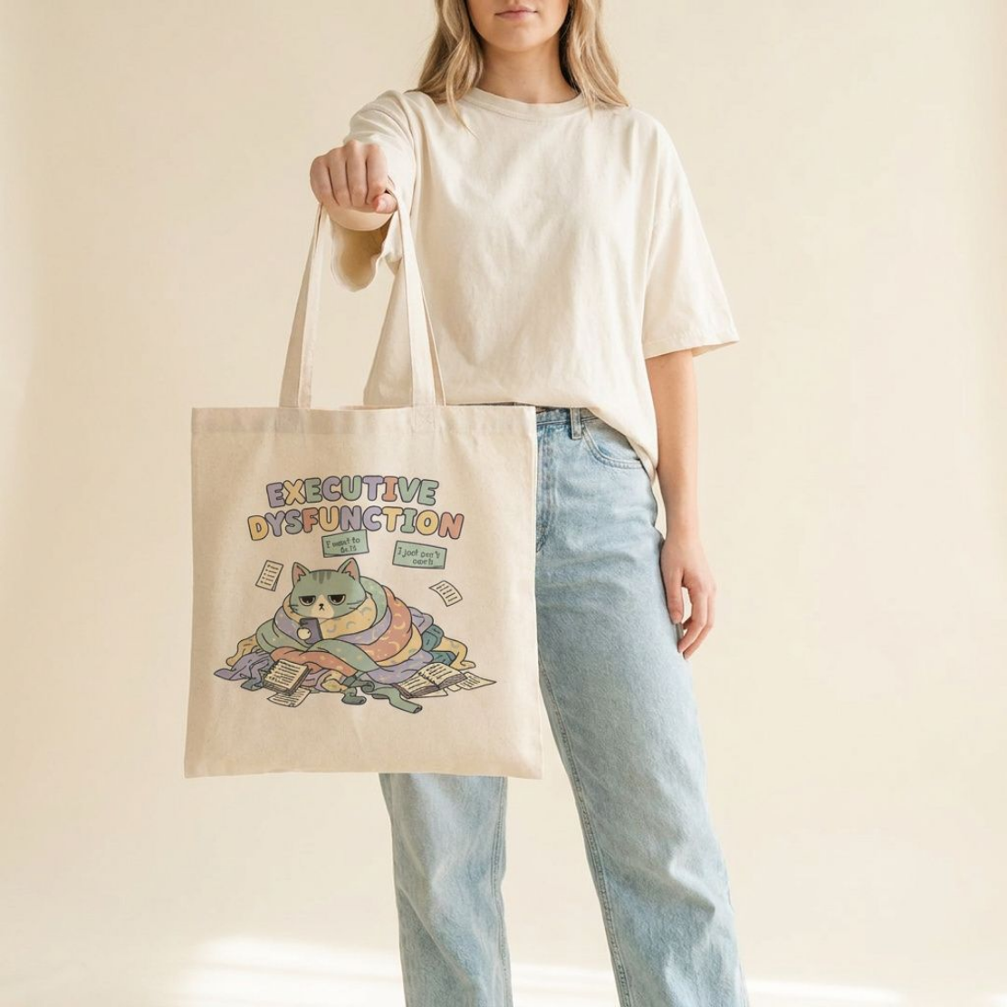 Executive Dysfunction Canvas Tote Bag: Funny ADHD Grumpy Cat Gift
