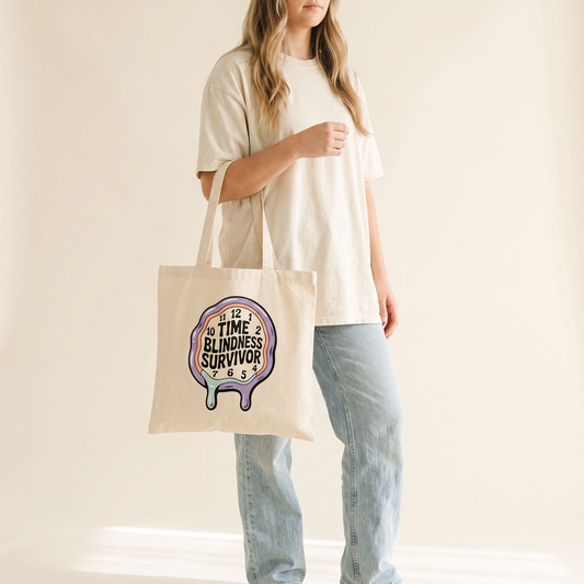 Time Blindness Survivor Tote Bag: ADHD Neurodivergent Humor, Melting Clock Design