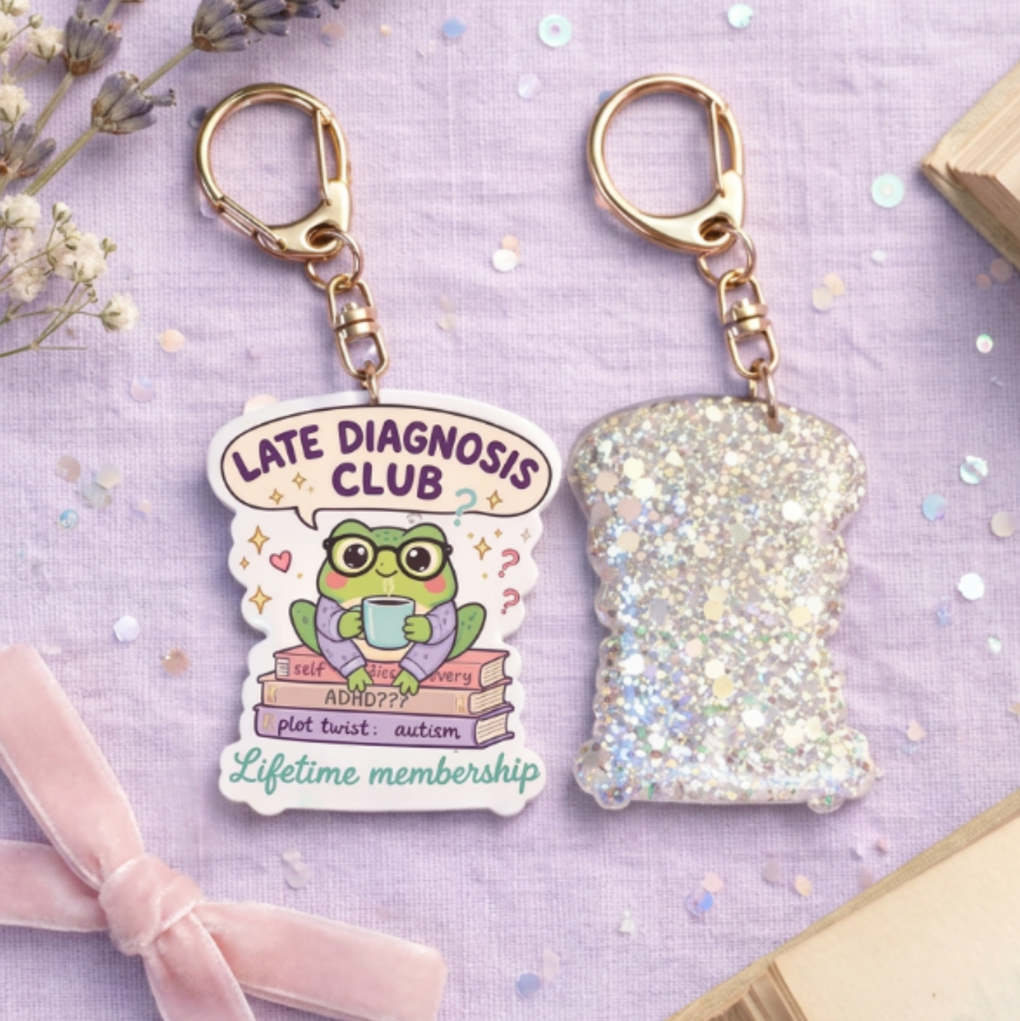 Late Diagnosis Club Keychain: Glitter Frog, ADHD Autism Neurodivergent Gift