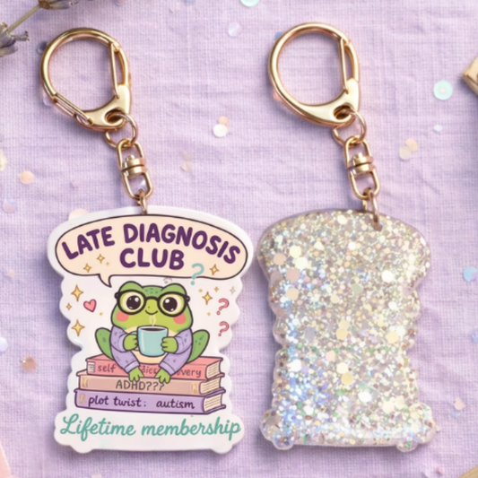 Late Diagnosis Club Keychain: Glitter Frog, ADHD Autism Neurodivergent Gift