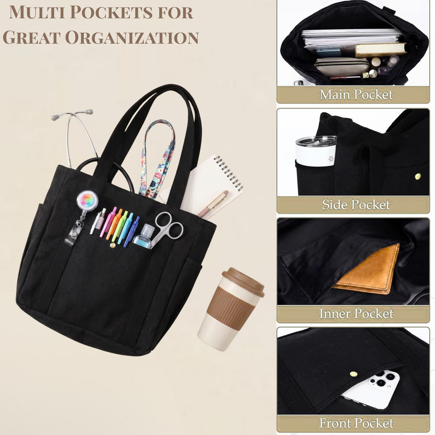 Personalized Nurse Tote Bag | Custom Name & Credential Canvas Work Tote with Zipper & Snap Pocket | RN LPN CNA Gift