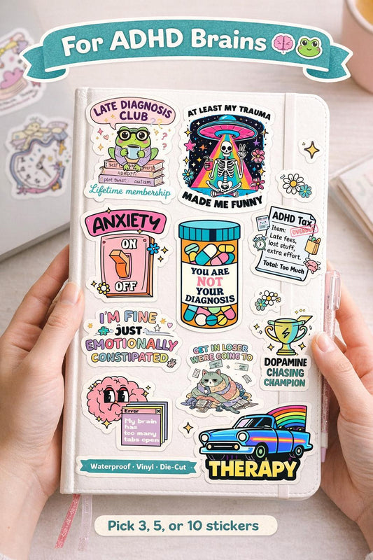 Main image: ADHD sticker pack with funny neurodivergent vinyl stickers including Late Diagnosis Club