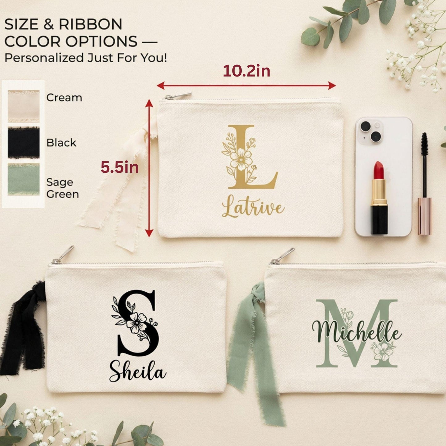 Personalized Canvas Makeup Bag with Name Floral Monogram Zipper Pouch Bridesmaid Gift Bachelorette Party Bag Custom Cosmetic Bag Wristlet