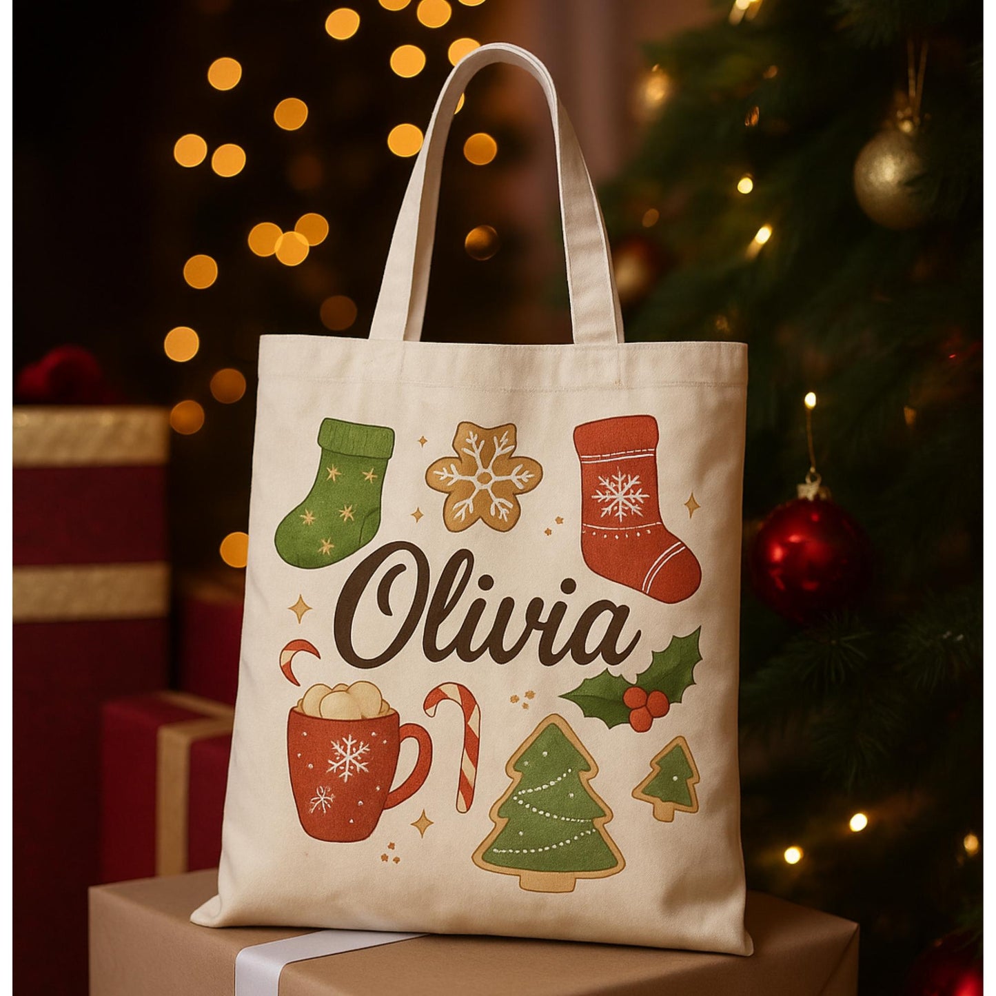 Personalized Christmas Tote Bag Custom Name Christmas Bag  Holiday Tote for Kids Christmas Gift Bag Reusable Shopping Bag