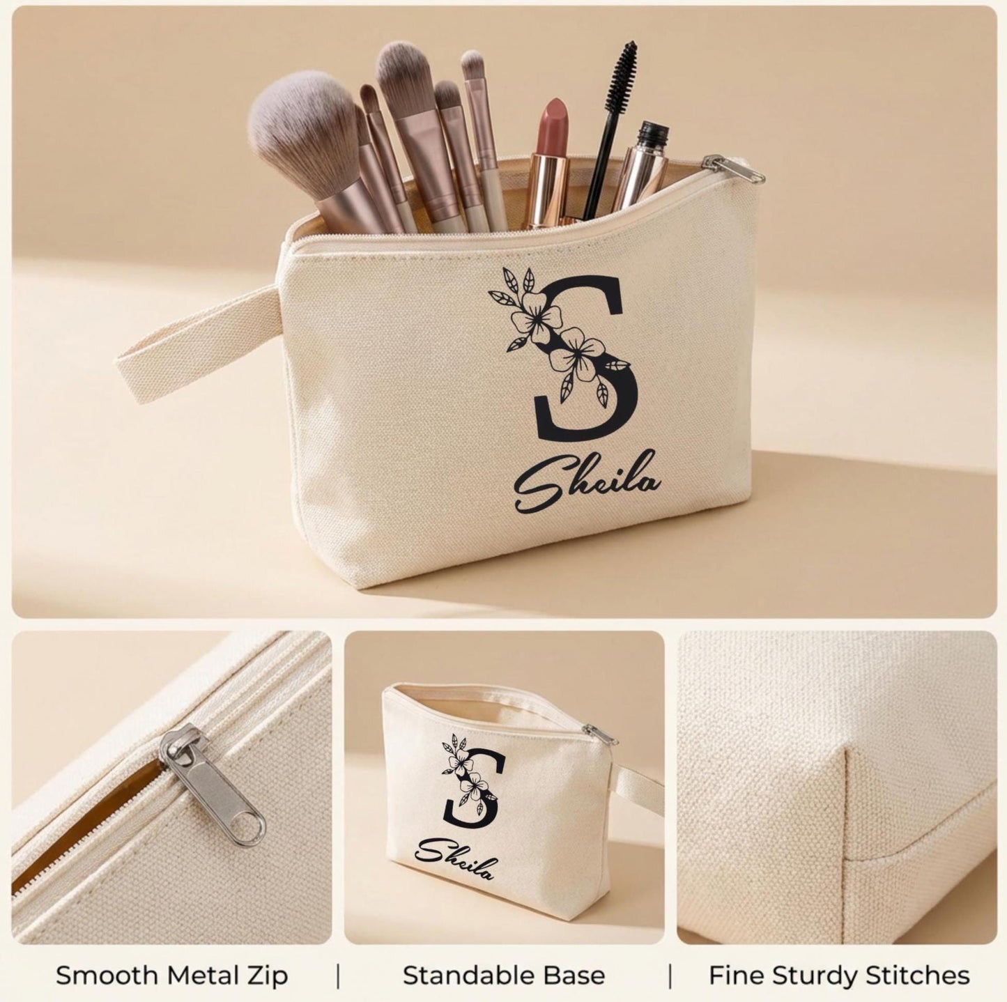 Personalized Makeup Bag with Name Floral Monogram Canvas Pouch Bridesmaid Gift Custom Cosmetic Bag Bachelorette Party Favor