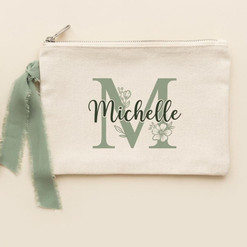 Personalized Makeup Bag with Name Floral Monogram Canvas Pouch Bridesmaid Gift Custom Cosmetic Bag Bachelorette Party Favor