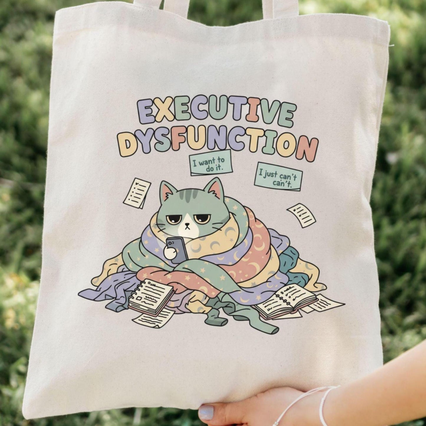 Executive Dysfunction Canvas Tote Bag: Funny ADHD Grumpy Cat Gift