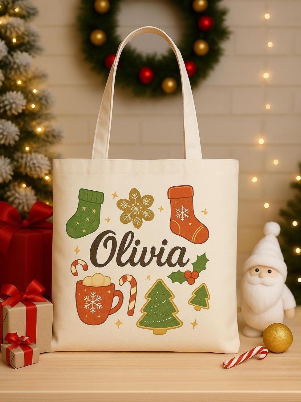 Personalized Christmas Tote Bag Custom Name Christmas Bag  Holiday Tote for Kids Christmas Gift Bag Reusable Shopping Bag