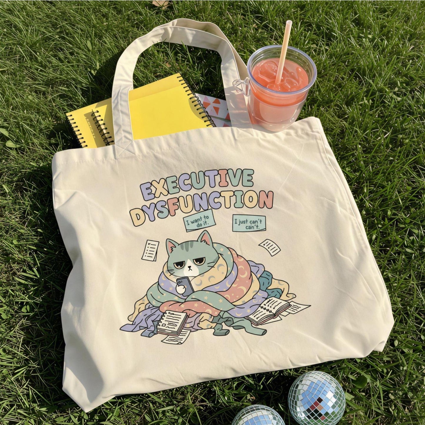 Executive Dysfunction Canvas Tote Bag: Funny ADHD Grumpy Cat Gift
