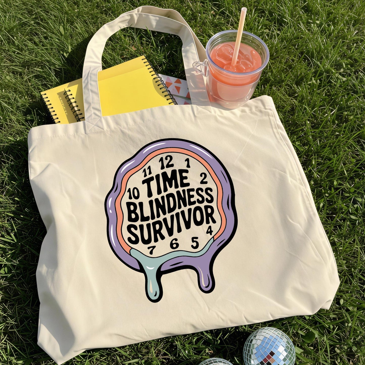 Time Blindness Survivor Tote Bag: ADHD Neurodivergent Humor, Melting Clock Design
