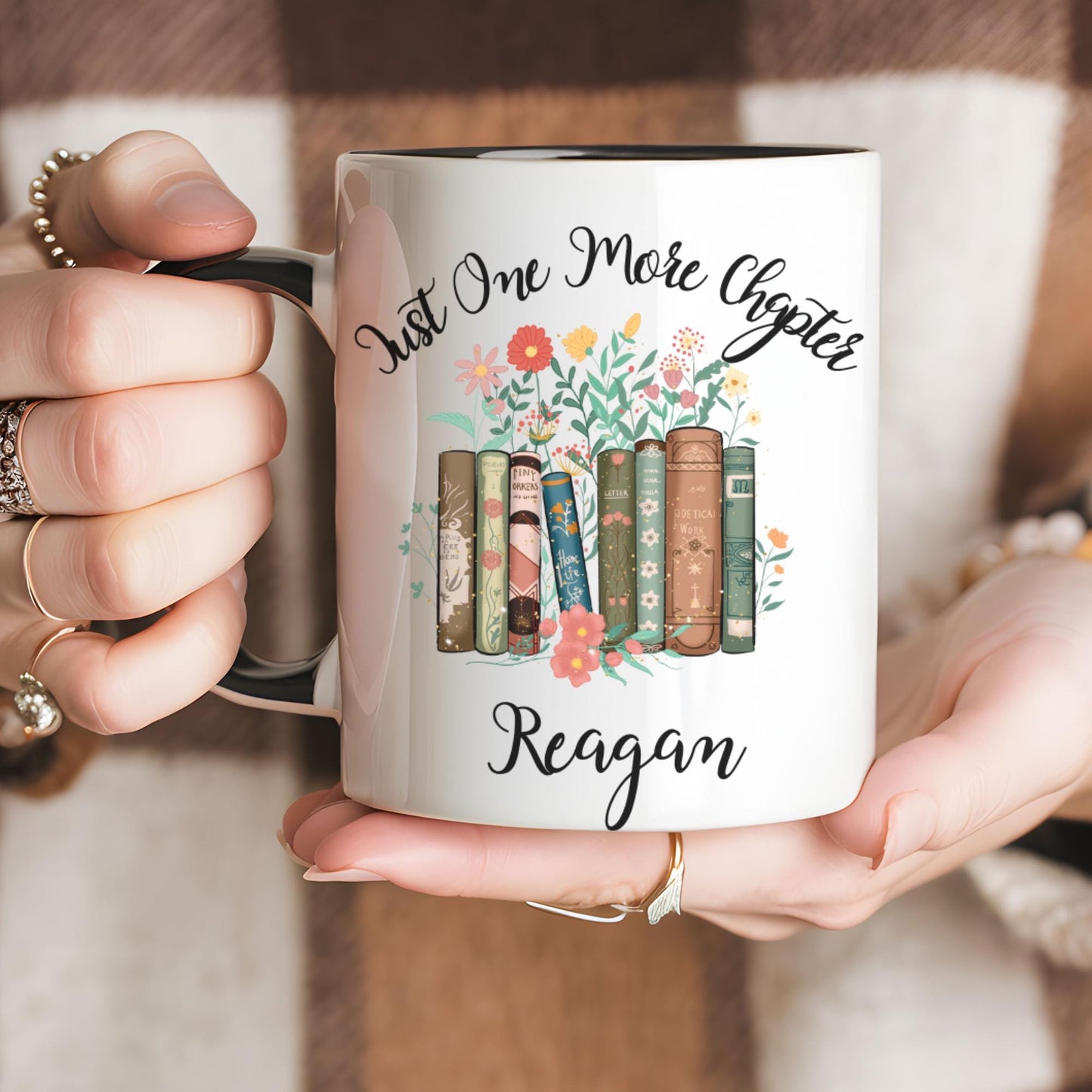 Personalized Coffee Mug for Women: Custom Name, Floral Books