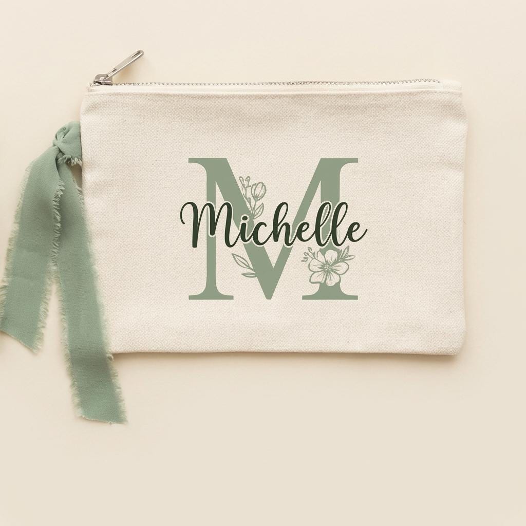 Personalized Canvas Makeup Bag with Name Floral Monogram Zipper Pouch Bridesmaid Gift Bachelorette Party Bag Custom Cosmetic Bag Wristlet